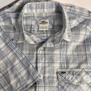 Lacoste Slim Fit Plaid Shirt Mens Size 40 Short Sleeve Button Up Blue‎
